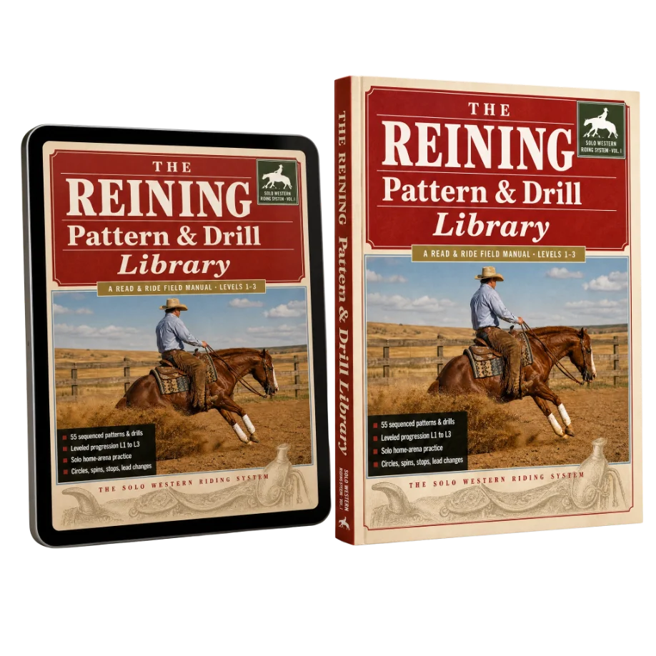 The Reining Pattern & Drill Library — cover mockup, print and tablet