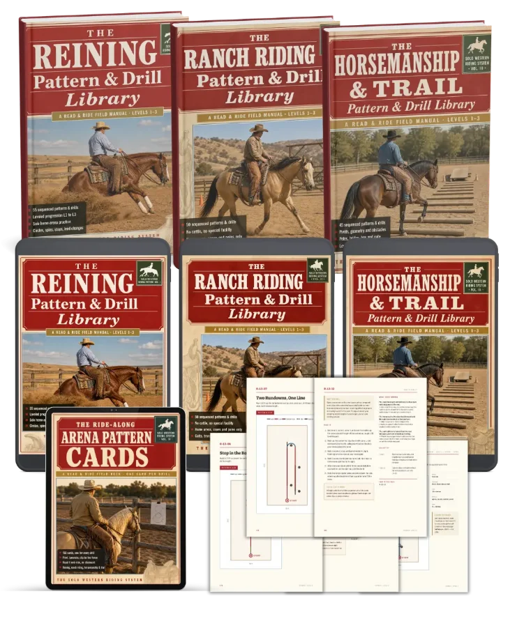 The Solo Western Riding System — product mockup with the three library covers and a tablet